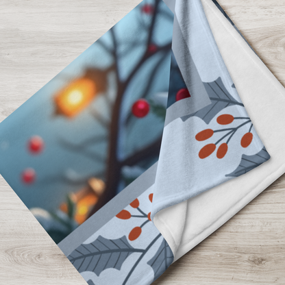 Doberman Blue and Rust personalized winter dog blanket with elegant Doberman artwork and bright snowy lodge scenery