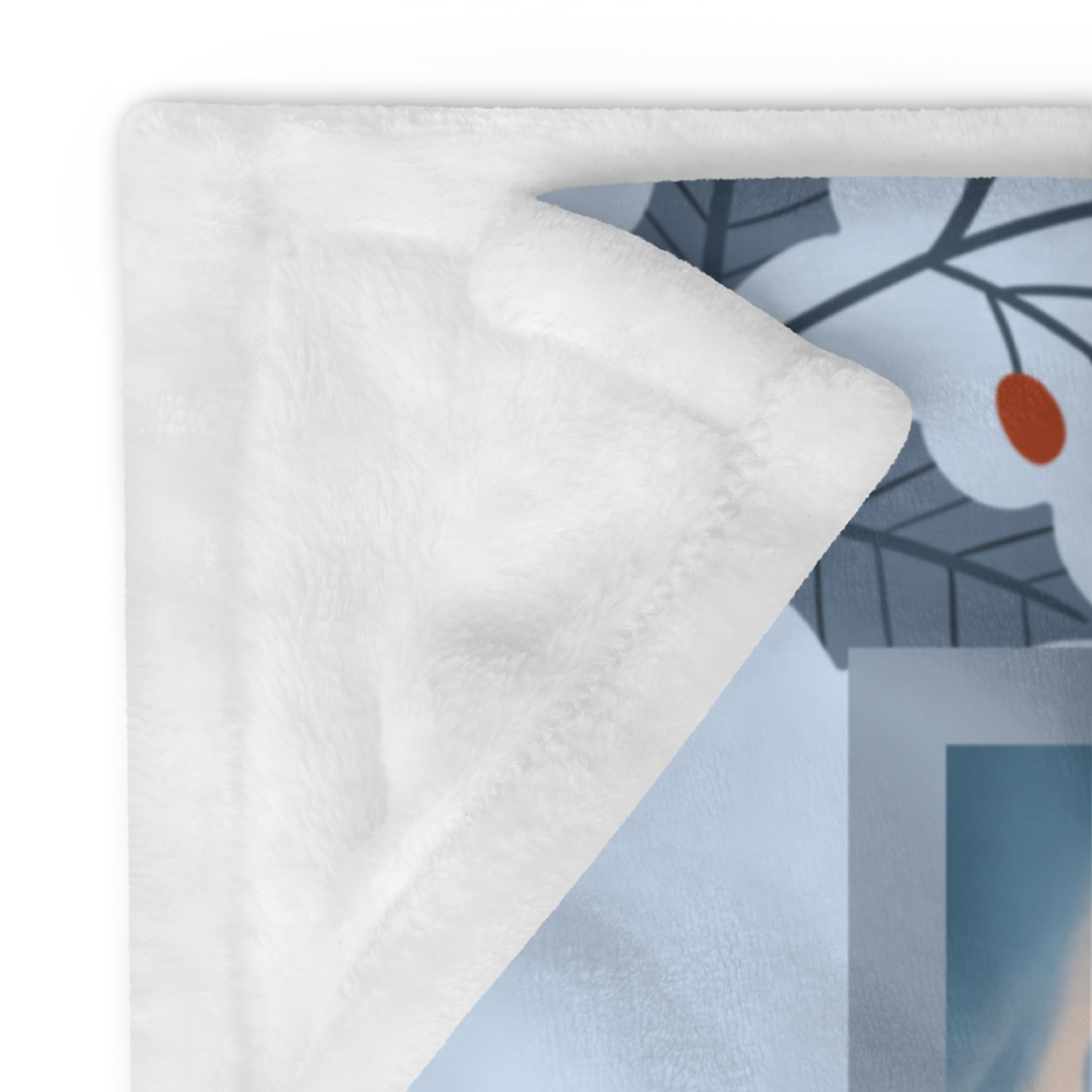 Doberman Fawn and Rust custom winter throw showing a proud Doberman in a cheerful snow-covered lodge setting