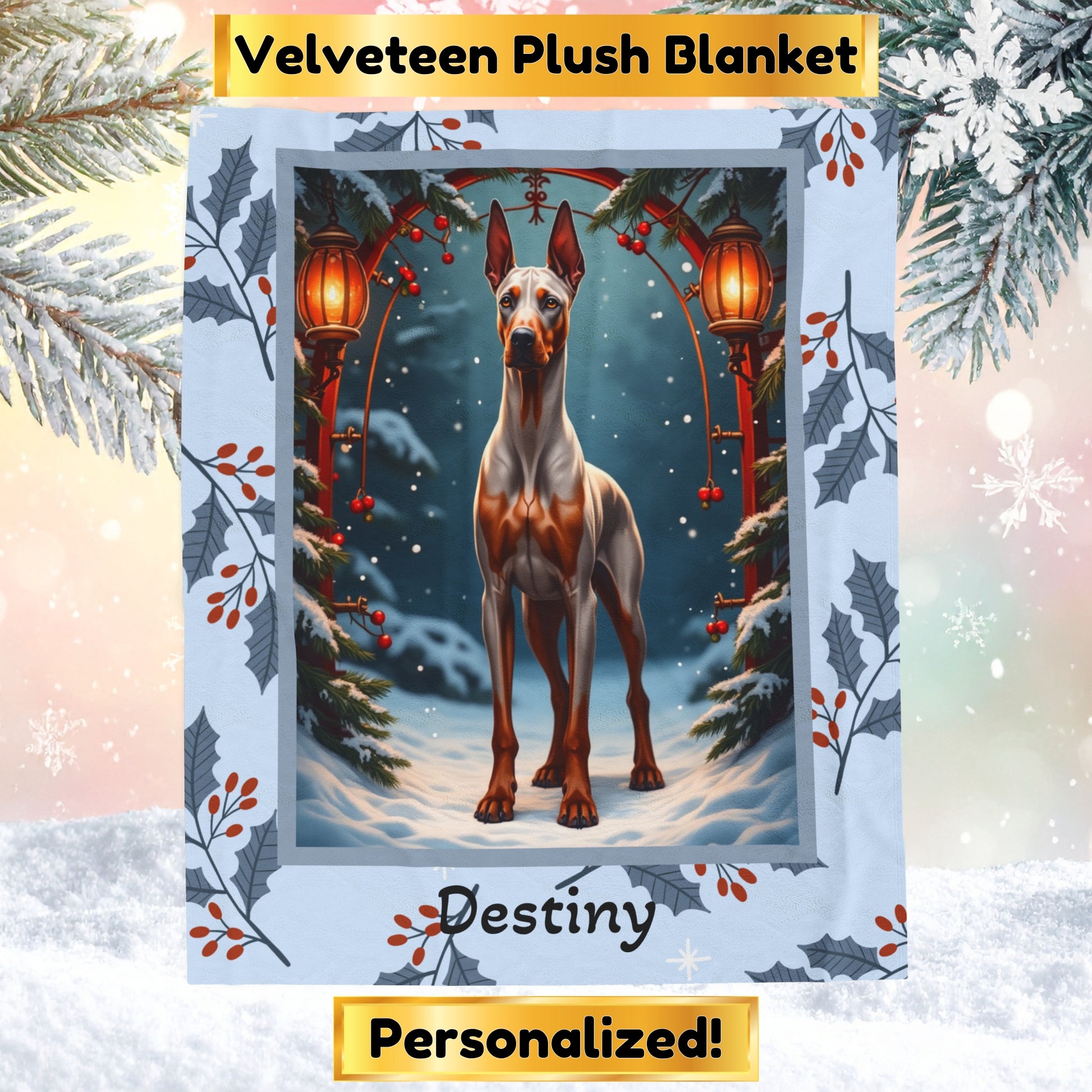 Doberman Fawn and Rust custom winter throw showing a proud Doberman in a cheerful snow-covered lodge setting