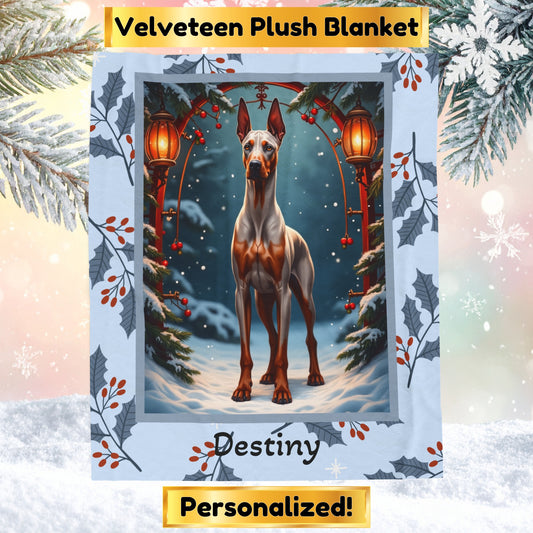 Doberman Fawn and Rust custom winter throw showing a proud Doberman in a cheerful snow-covered lodge setting