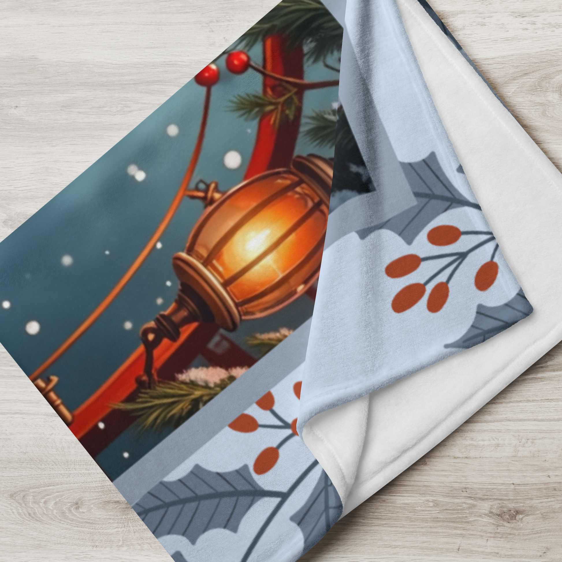 Doberman Fawn and Rust custom winter throw showing a proud Doberman in a cheerful snow-covered lodge setting