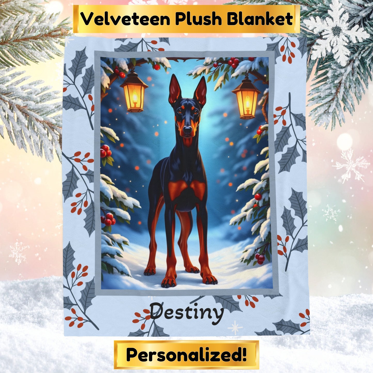 Doberman Black and Rust custom winter blanket featuring a sleek Doberman illustration in a cozy lodge-style winter scene