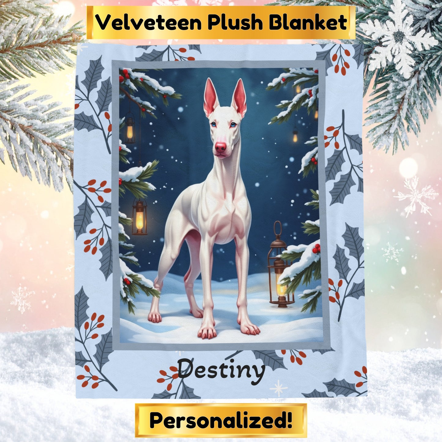 Doberman White personalized winter Doberman blanket with crisp white coat artwork in a cozy winter lodge scene