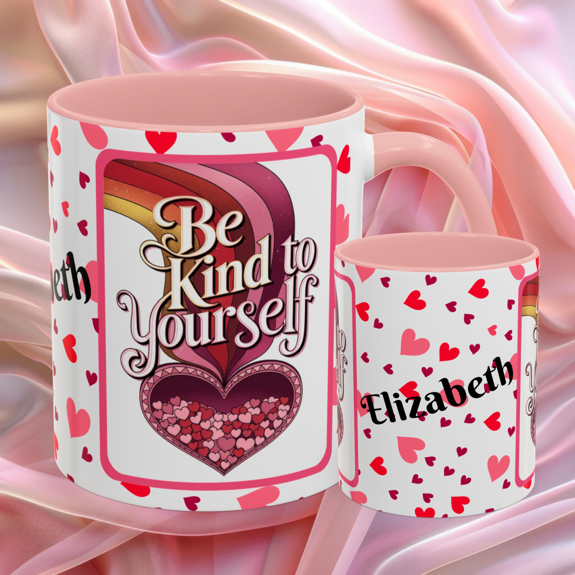 Be Kind To Yourself Valentines mug with self care message, red and pink Valentine design, affirmation coffee cup
