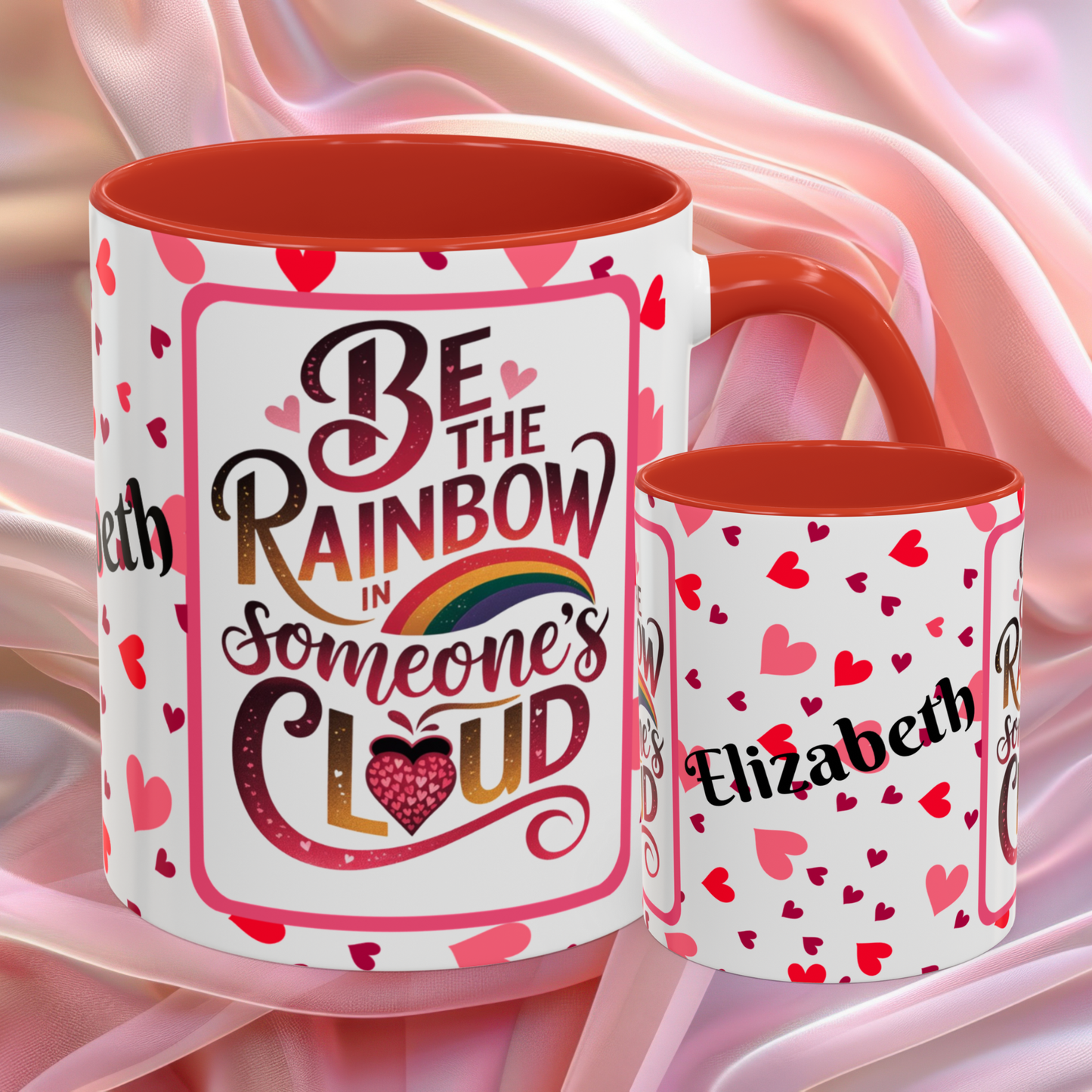Be The Rainbow Valentines affirmation mug with uplifting message, colorful Valentine themed ceramic coffee cup