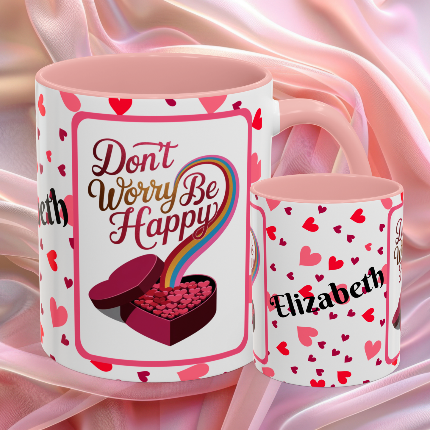 Dont Worry Be Happy Valentines mug with positive affirmation, cheerful Valentine coffee cup for daily encouragement