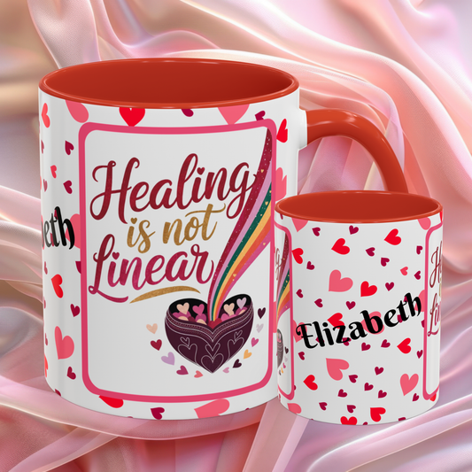 Healing Is Not Linear Valentines mug offering comfort and resilience, Valentine themed affirmation coffee cup