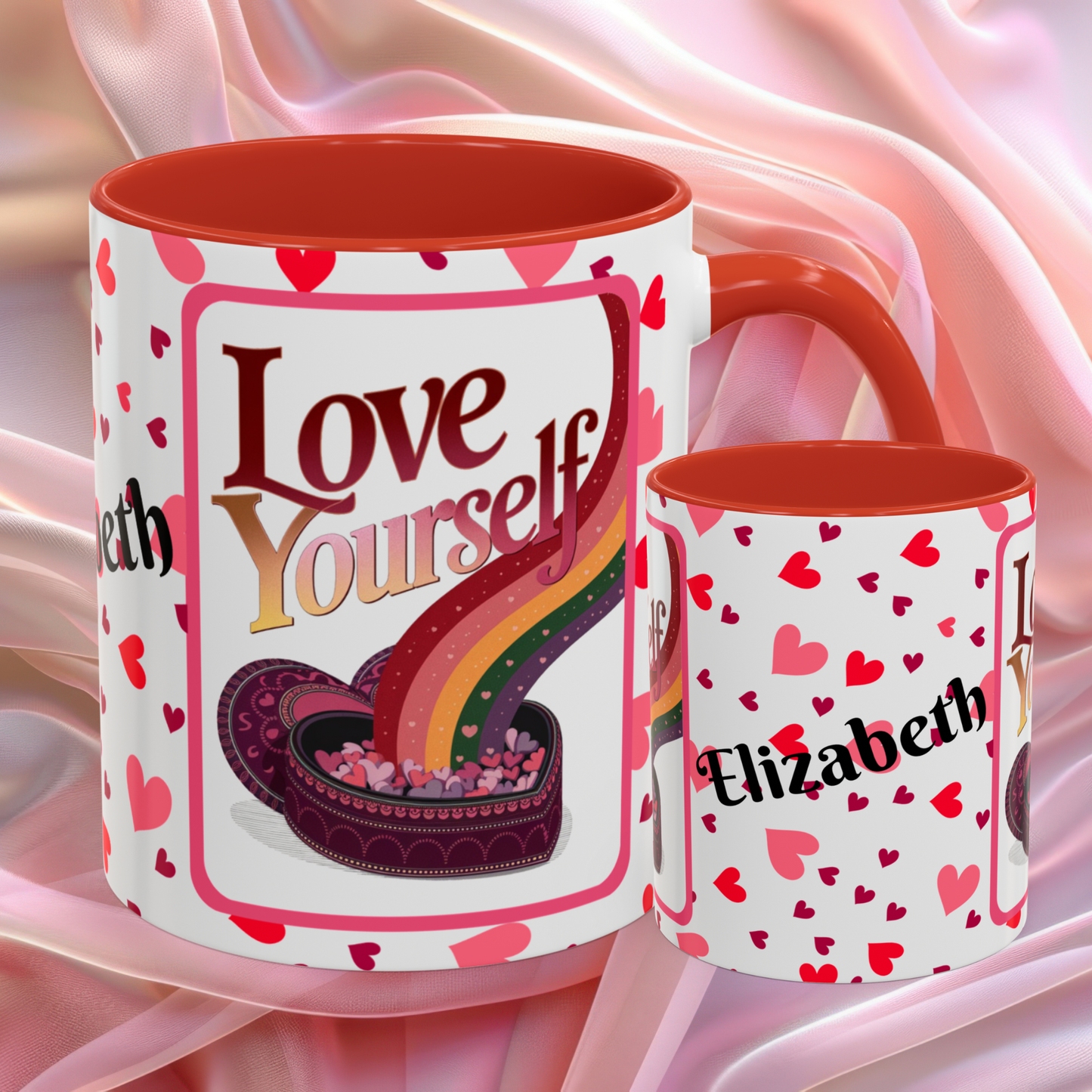 Love Yourself Valentines mug featuring self love message, Valentine themed ceramic coffee cup