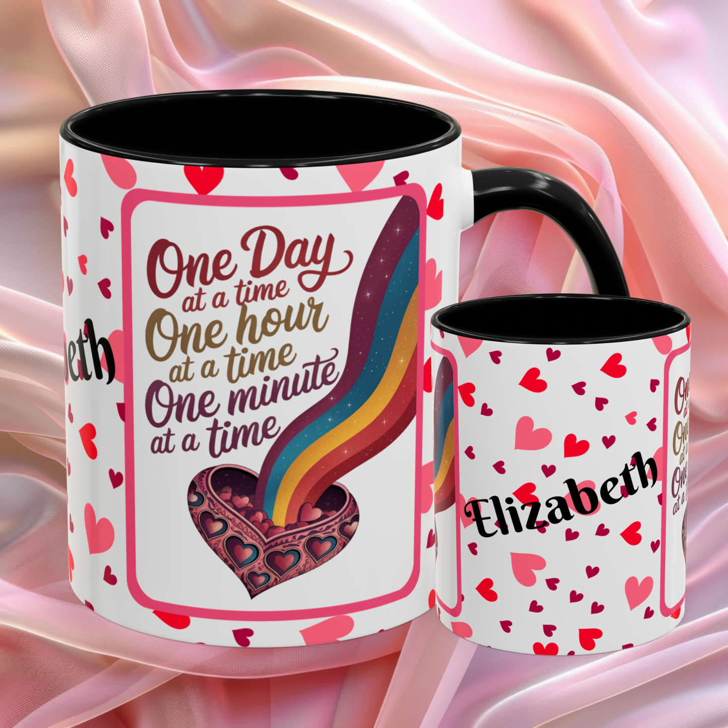 One Day At A Time Valentines mug promoting calm and patience, supportive Valentine coffee cup