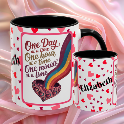 One Day At A Time Valentines mug promoting calm and patience, supportive Valentine coffee cup