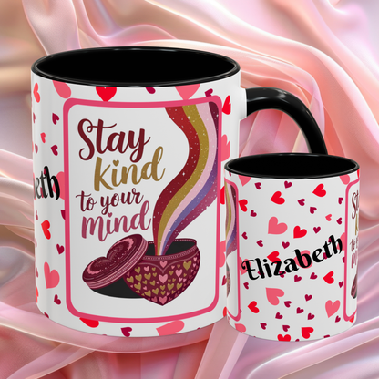Stay Kind To Your Mind Valentines mug promoting mindfulness and balance, Valentine themed coffee cup