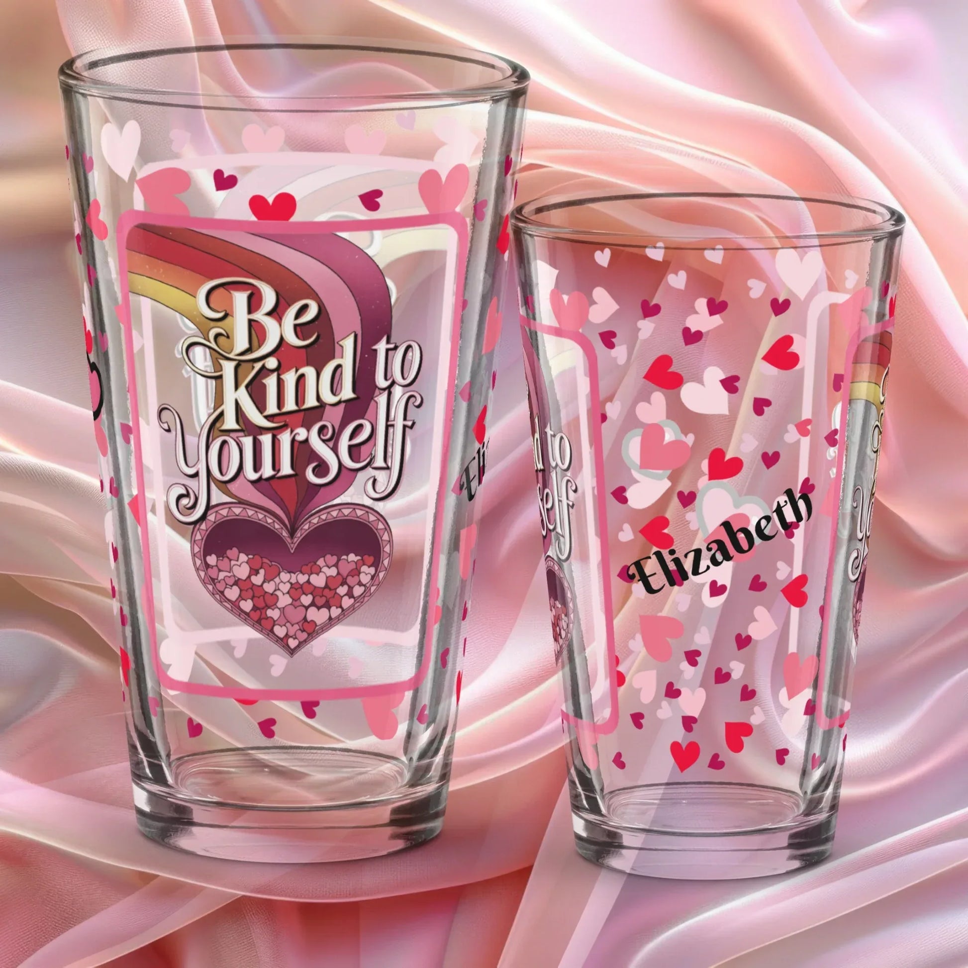 Shop our be kind yourself valentines day pint glass featuring the 16oz style option from MySisterIsASurvivor.