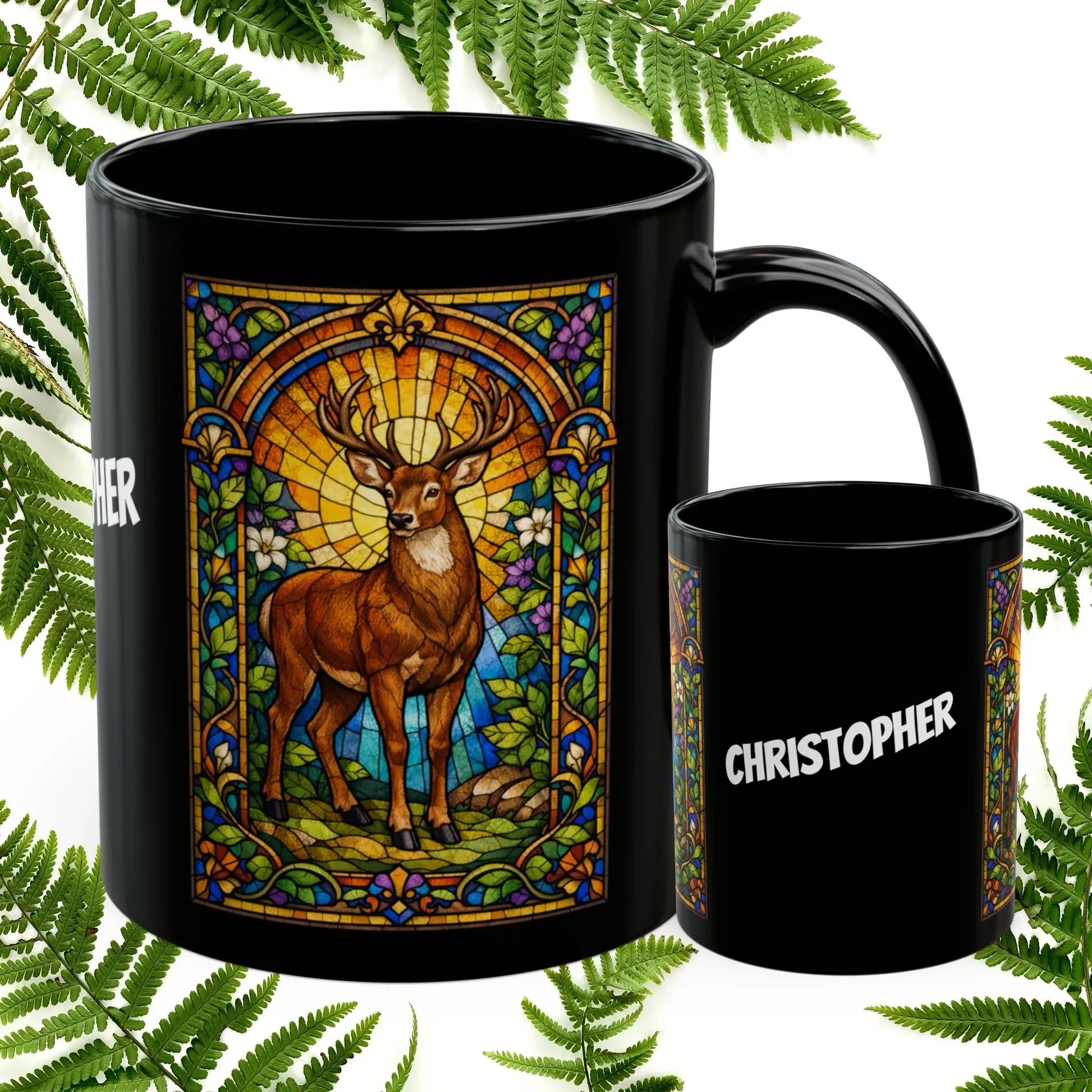 Shop our deer stained glass style black mug featuring the 11oz style option from MySisterIsASurvivor.