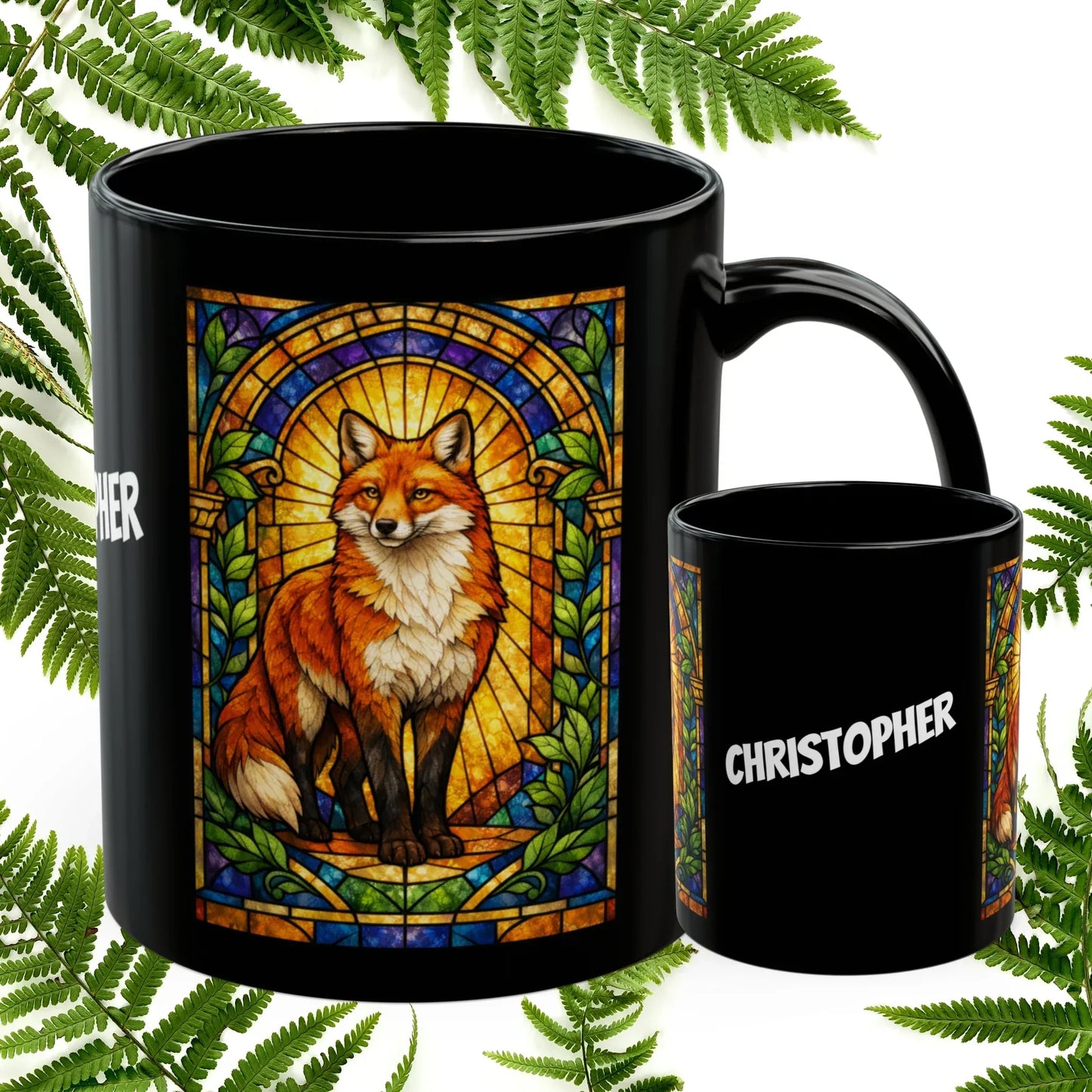 Shop our fox stained glass style black mug featuring the 11oz style option from MySisterIsASurvivor.