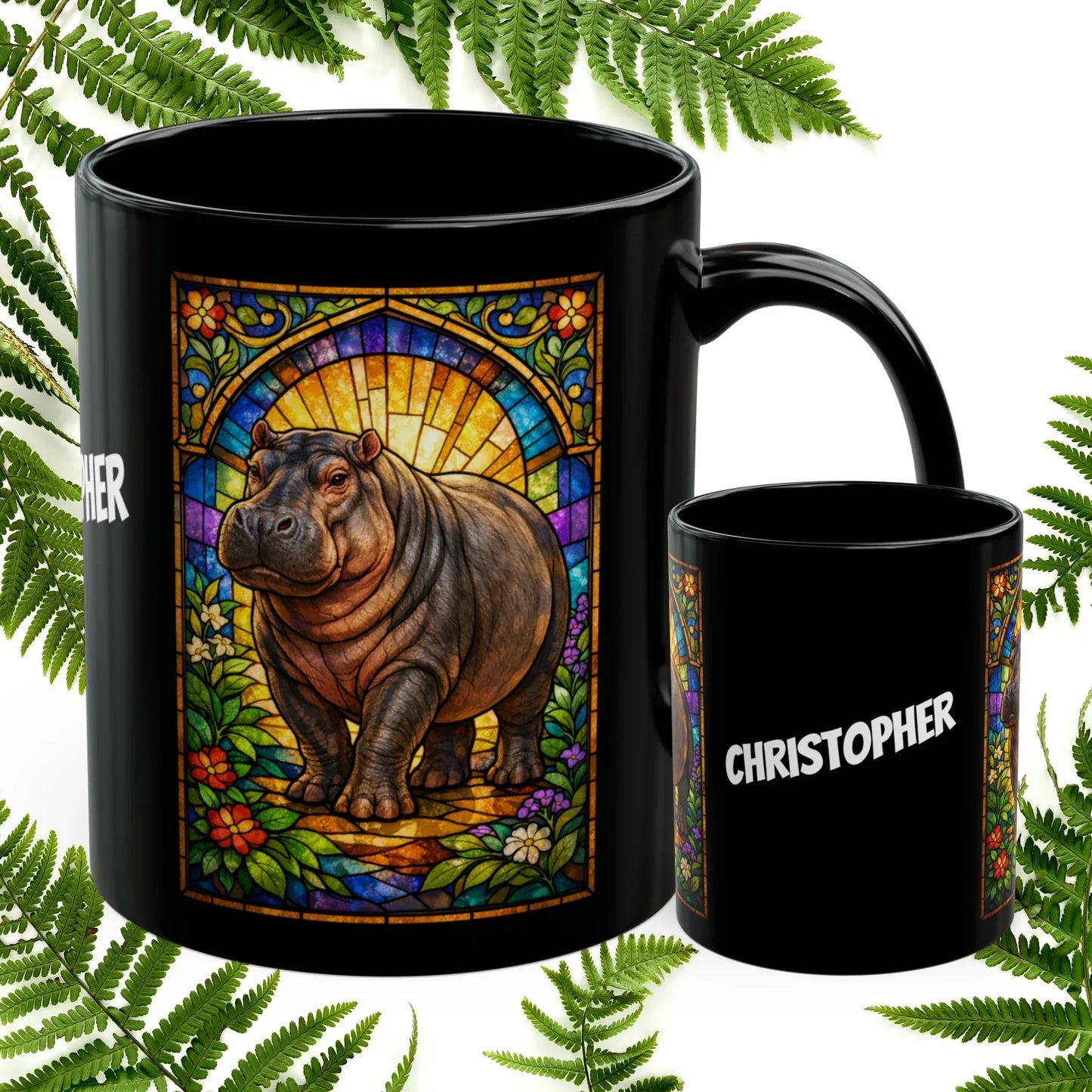 Shop our hippopotamus stained glass style black mug featuring the 11oz style option from MySisterIsASurvivor.