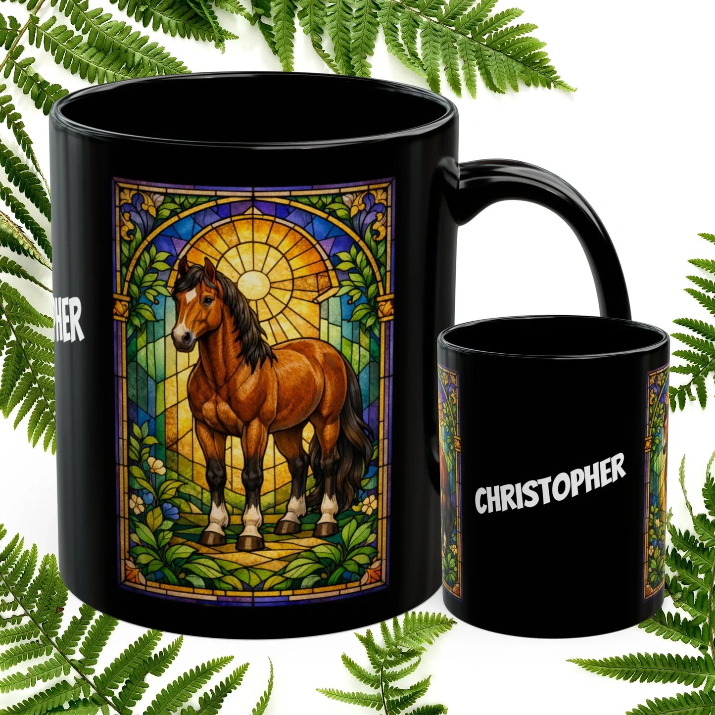 Shop our horse stained glass style black mug featuring the 11oz style option from MySisterIsASurvivor.