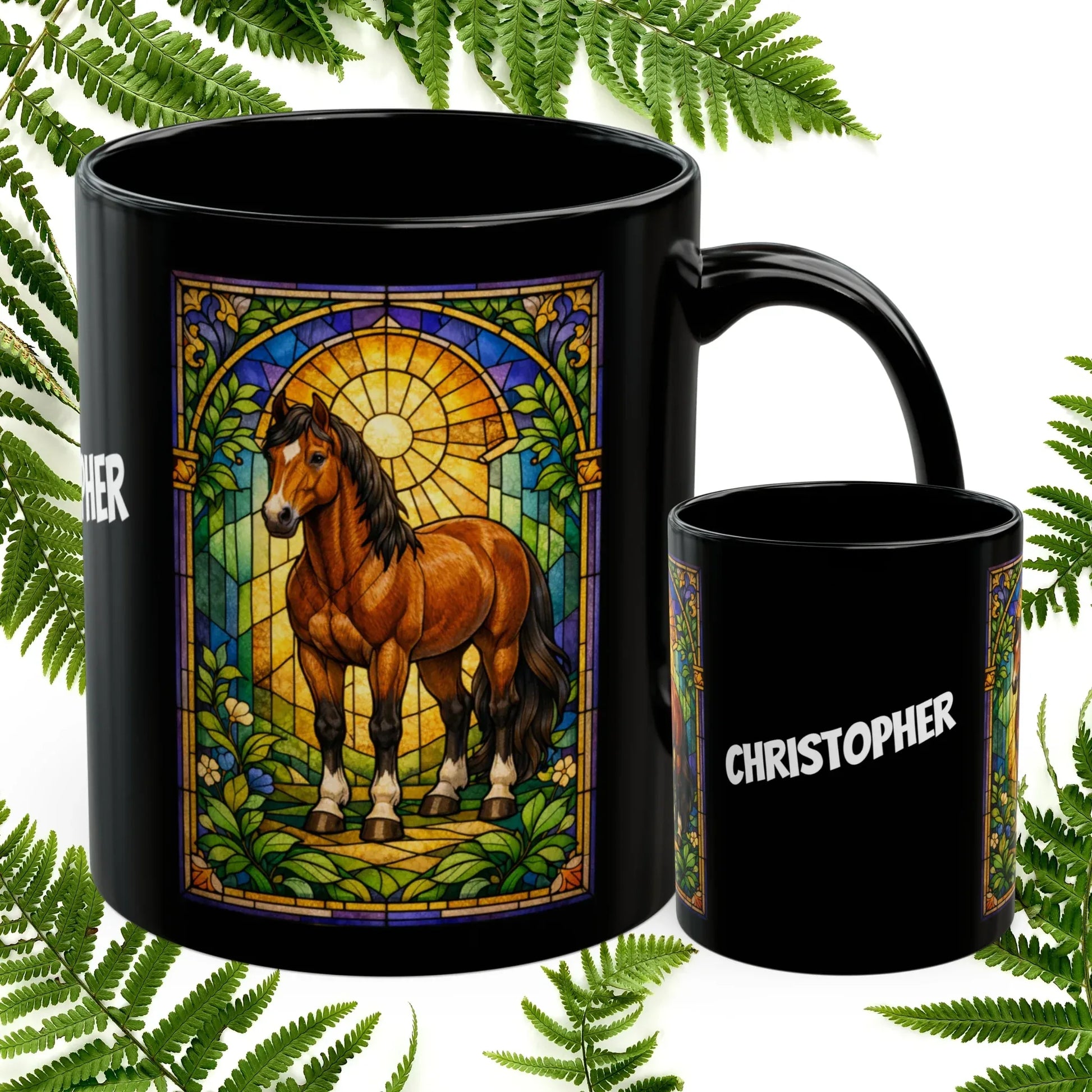 Shop our horse stained glass style black mug featuring the 11oz style option from MySisterIsASurvivor.