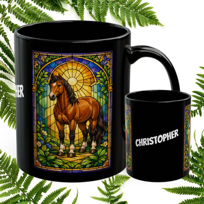 Shop our horse stained glass style black mug featuring the 11oz style option from MySisterIsASurvivor.
