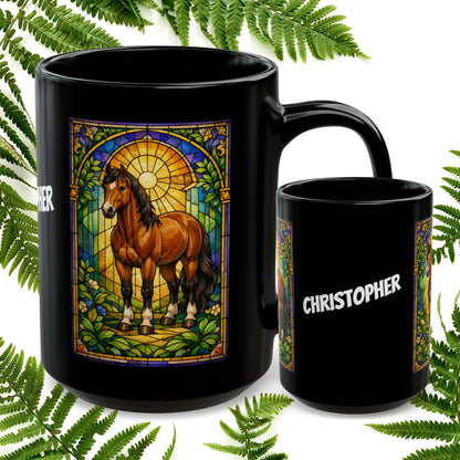 Shop our horse stained glass style black mug featuring the 15oz style option from MySisterIsASurvivor.