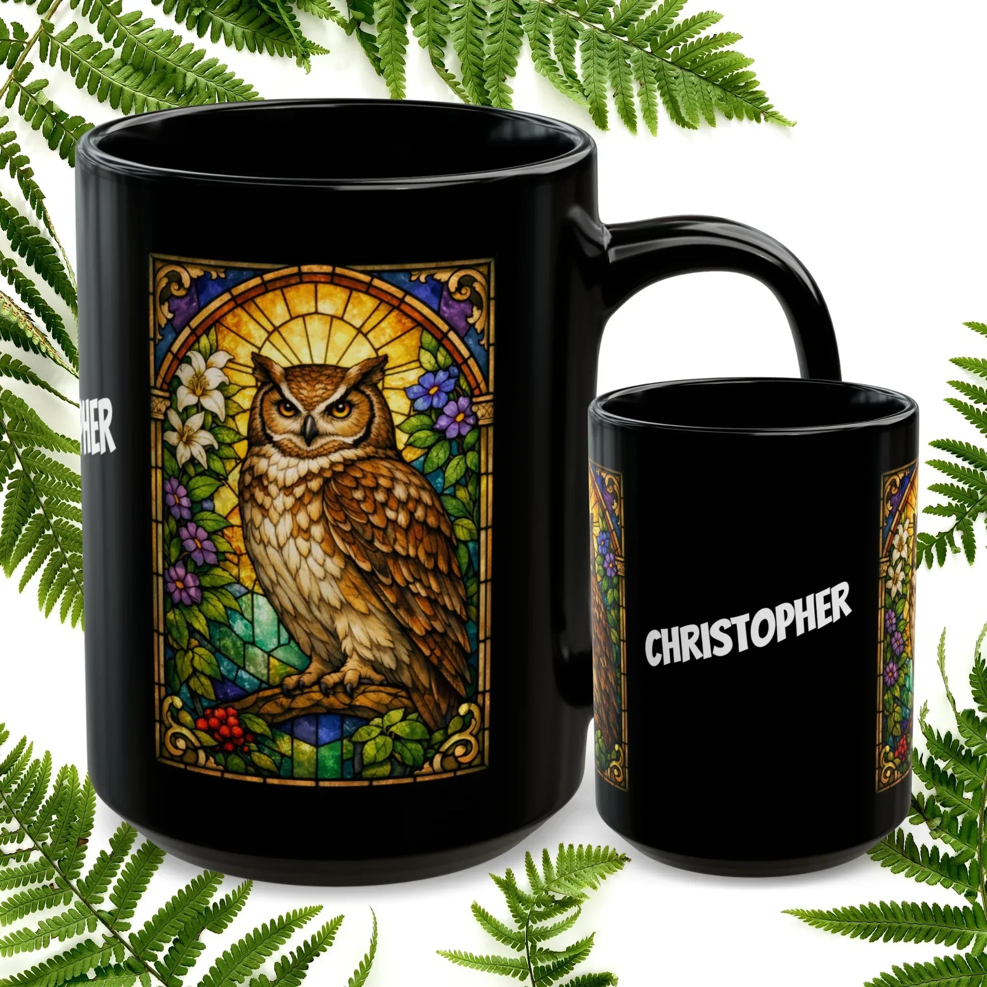 Shop our owl stained glass style black mug featuring the 15oz style option from MySisterIsASurvivor.