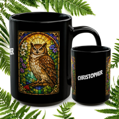 Shop our owl stained glass style black mug featuring the 15oz style option from MySisterIsASurvivor.