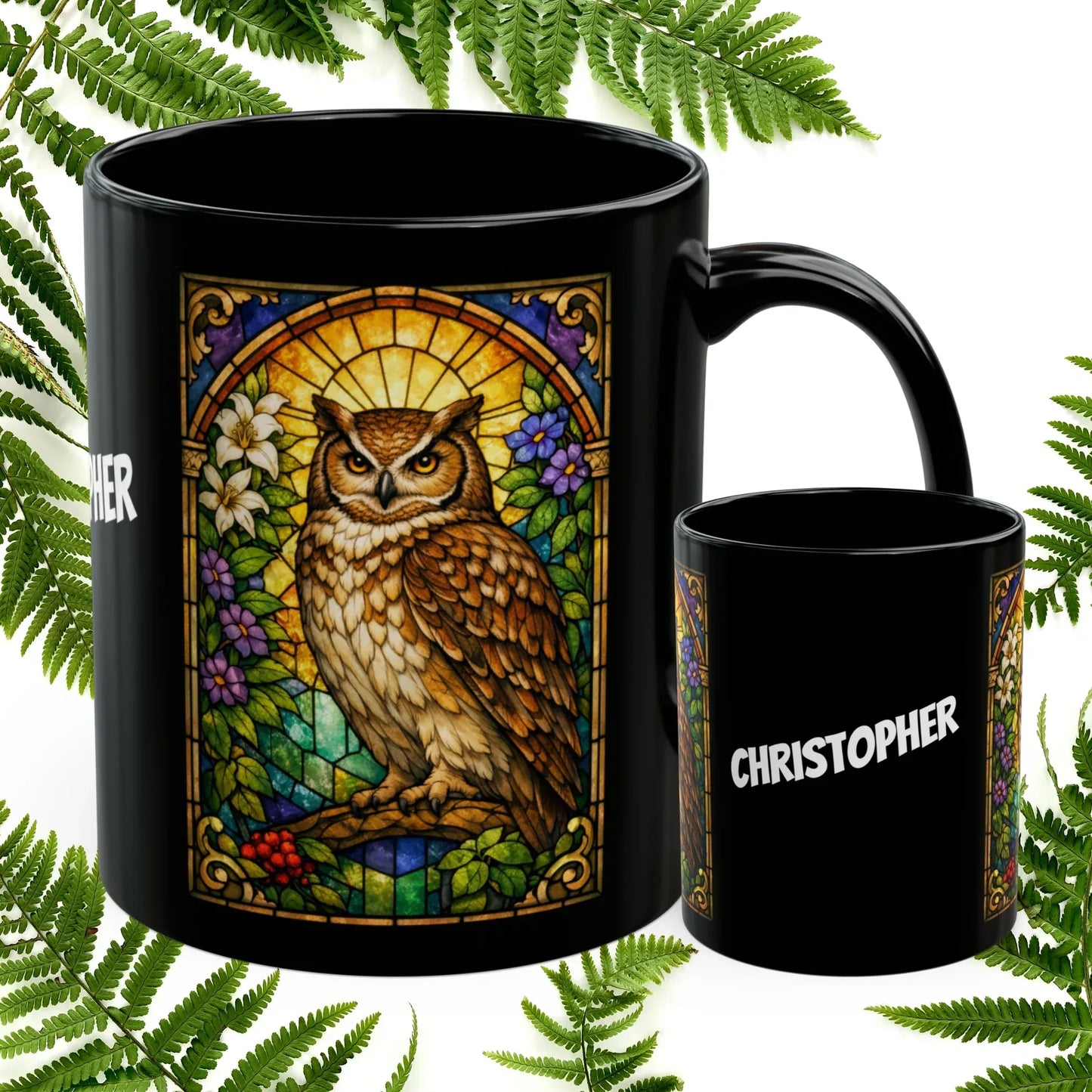 Shop our owl stained glass style black mug featuring the 11oz style option from MySisterIsASurvivor.