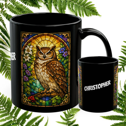 Shop our owl stained glass style black mug featuring the 11oz style option from MySisterIsASurvivor.