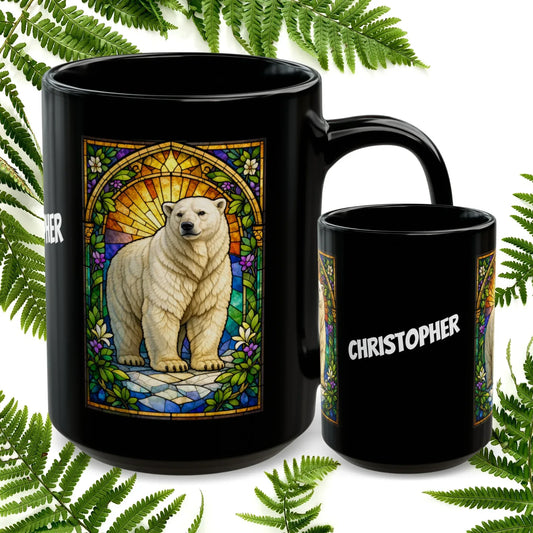 Shop our polar bear stained glass style black mug featuring the 15oz style option from MySisterIsASurvivor.