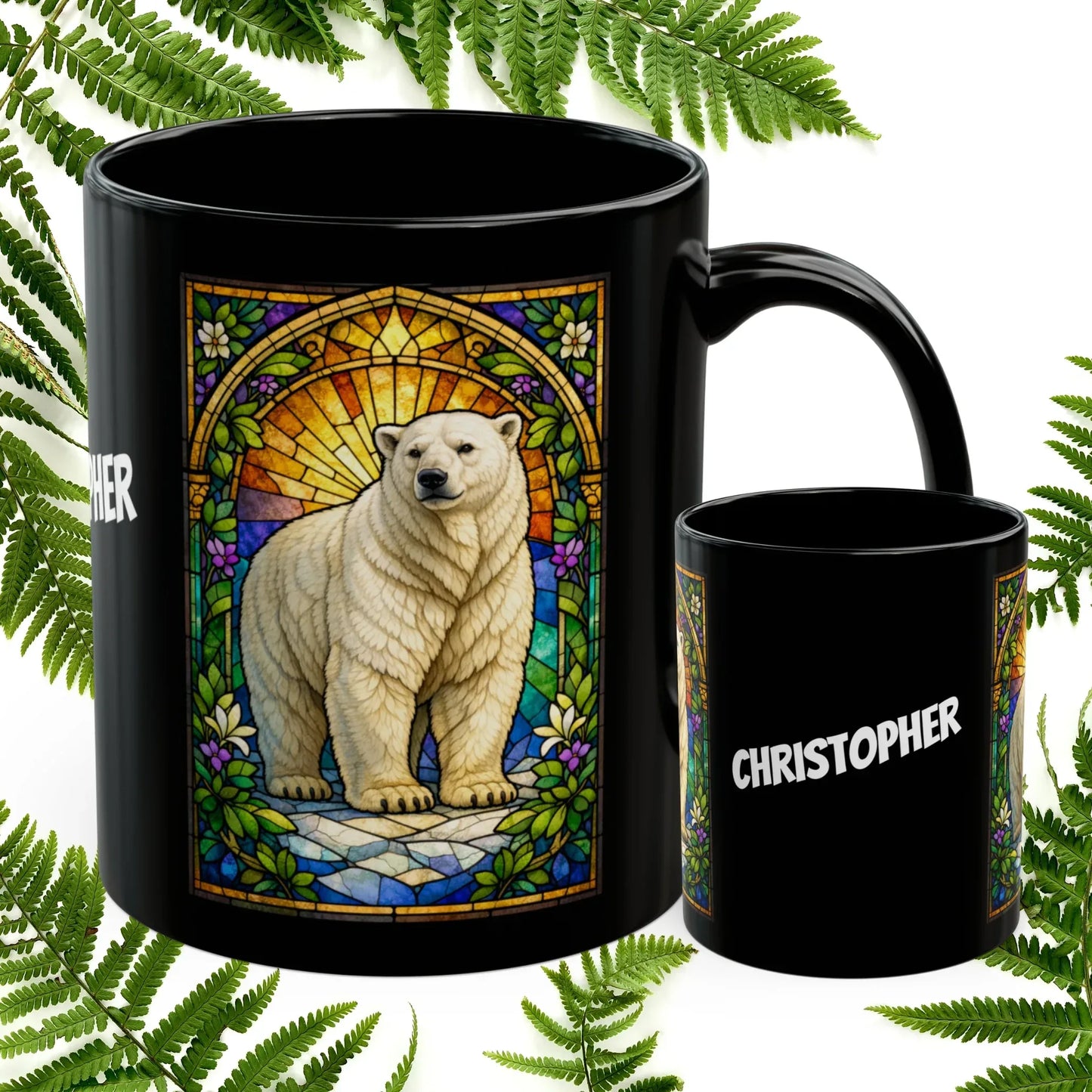 Shop our polar bear stained glass style black mug featuring the 11oz style option from MySisterIsASurvivor.