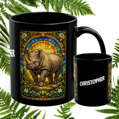 Shop our rhino stained glass style black mug featuring the 11oz style option from MySisterIsASurvivor.