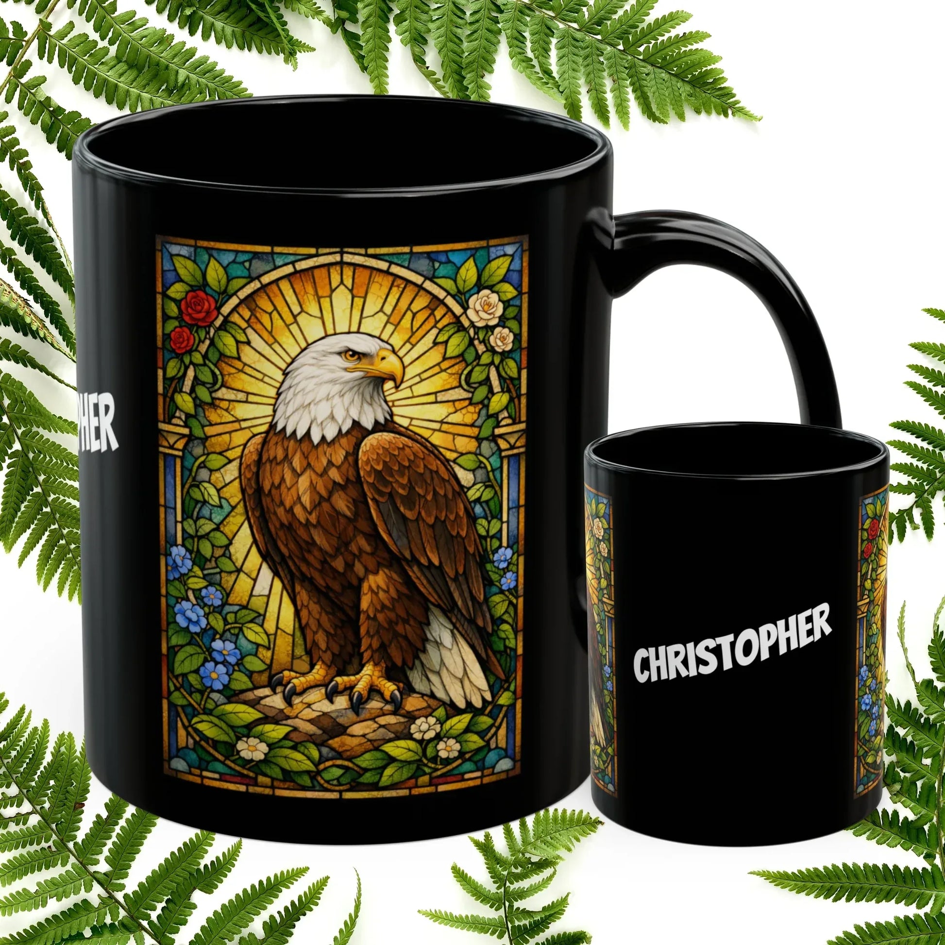 Shop our eagle stained glass style black mug featuring the 11oz style option from MySisterIsASurvivor.
