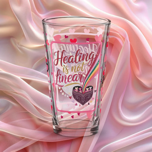 Shop our premium healing is not linear valentines day pint glass from MySisterIsASurvivor.