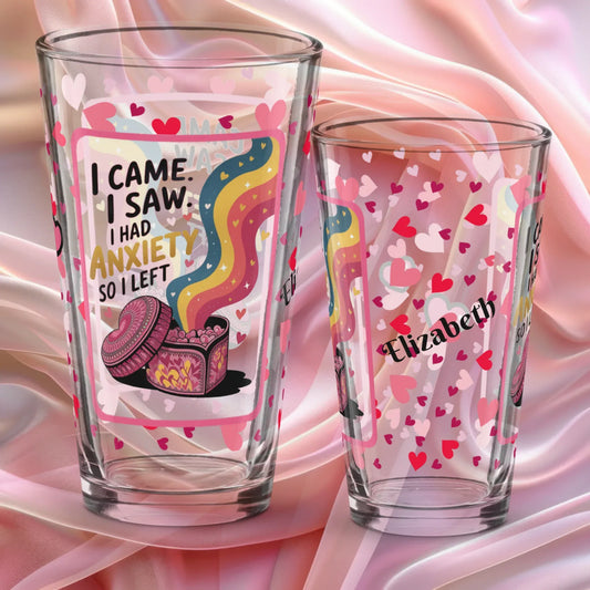 Shop our i came i saw valentines day pint glass featuring the 16oz style option from MySisterIsASurvivor.