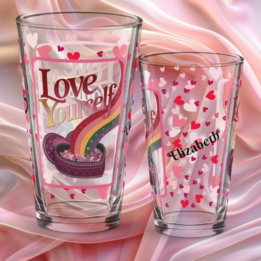 Shop our love yourself valentines day pint glass featuring the 16oz style option from MySisterIsASurvivor.