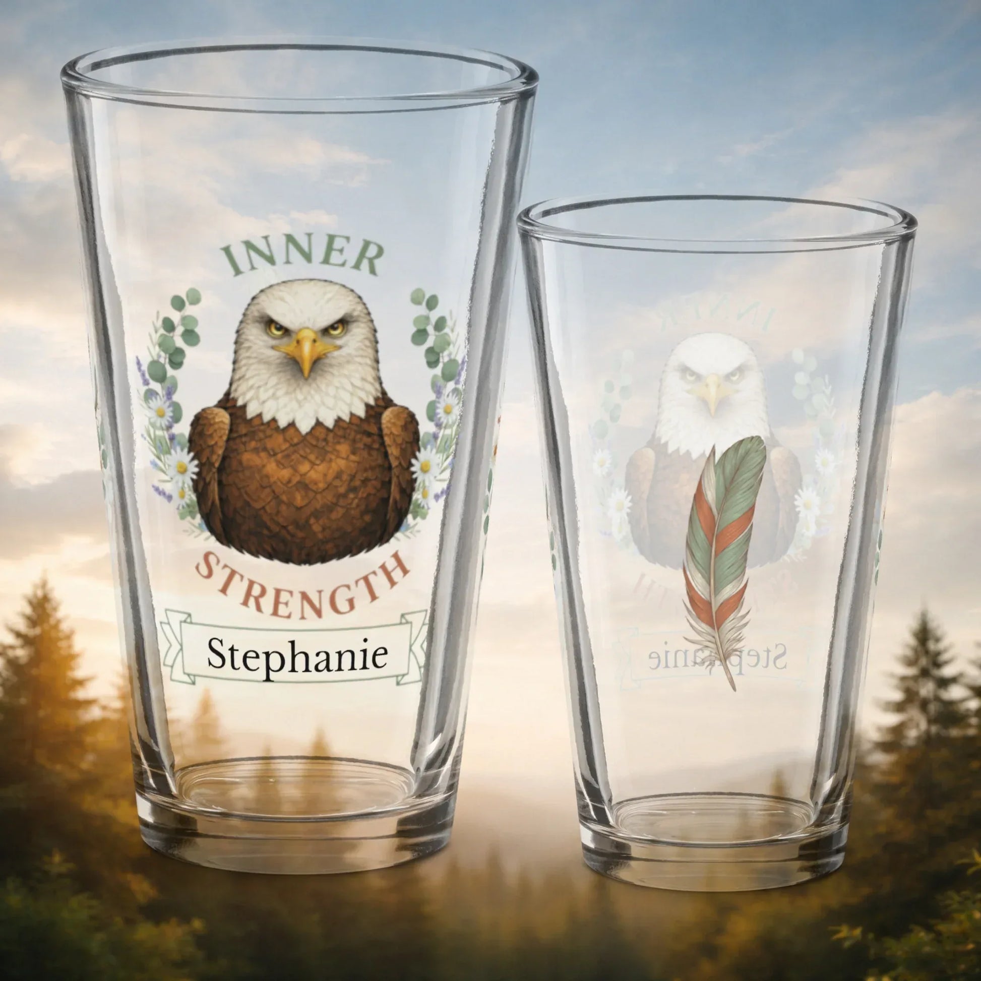 Shop our inner strength eagle pint glass featuring the 16oz style option from MySisterIsASurvivor.