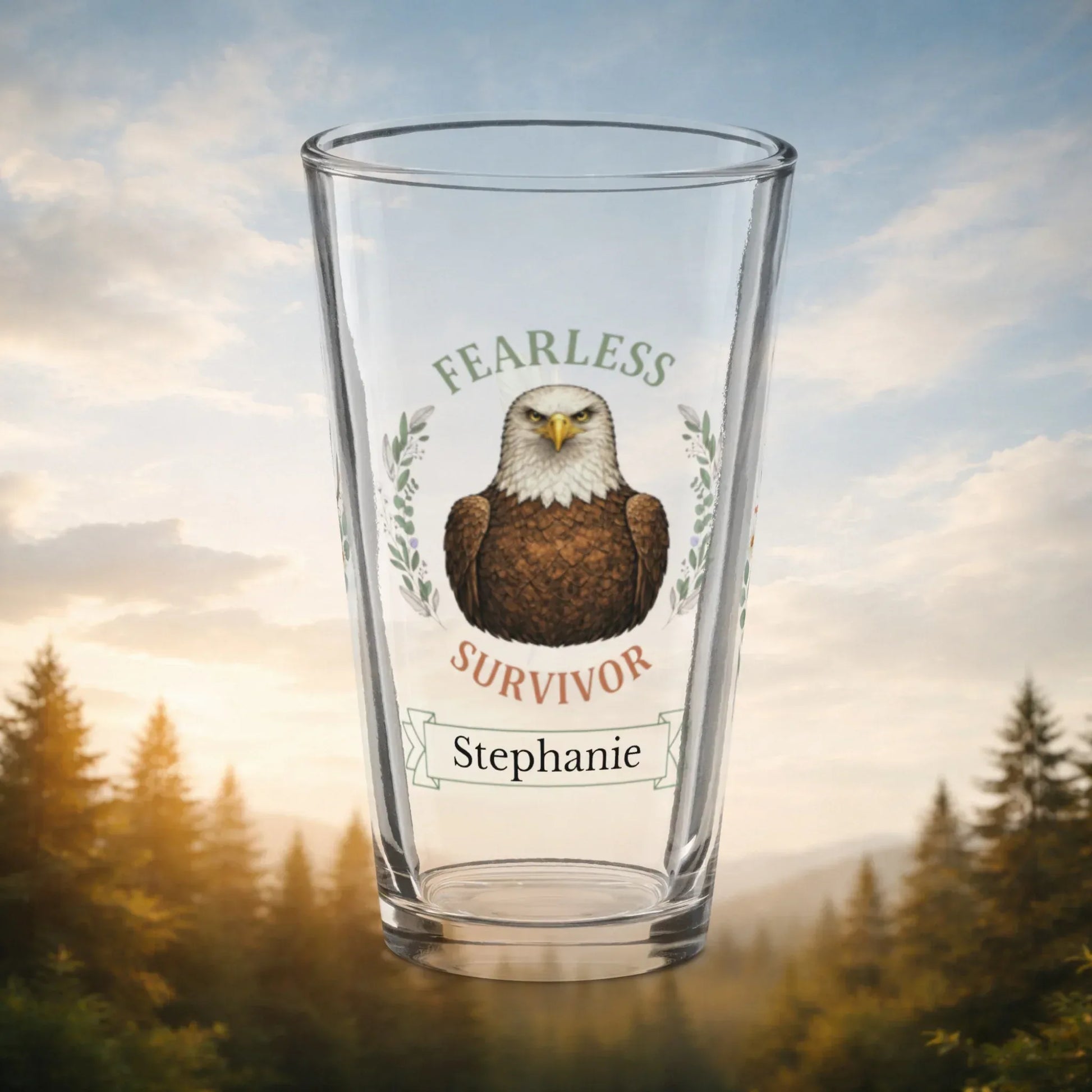 Shop our premium fearless survivor eagle pint glass from MySisterIsASurvivor.