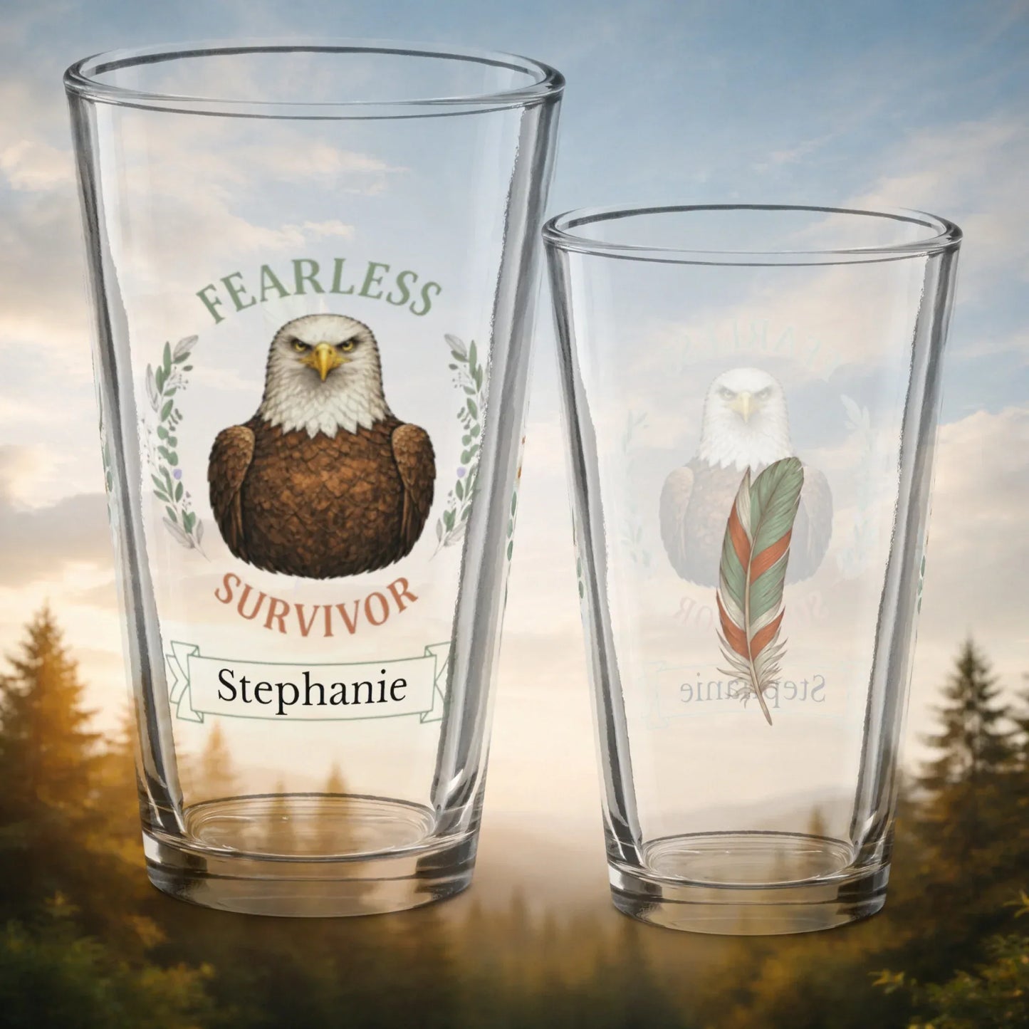 Shop our fearless survivor eagle pint glass featuring the 16oz style option from MySisterIsASurvivor.