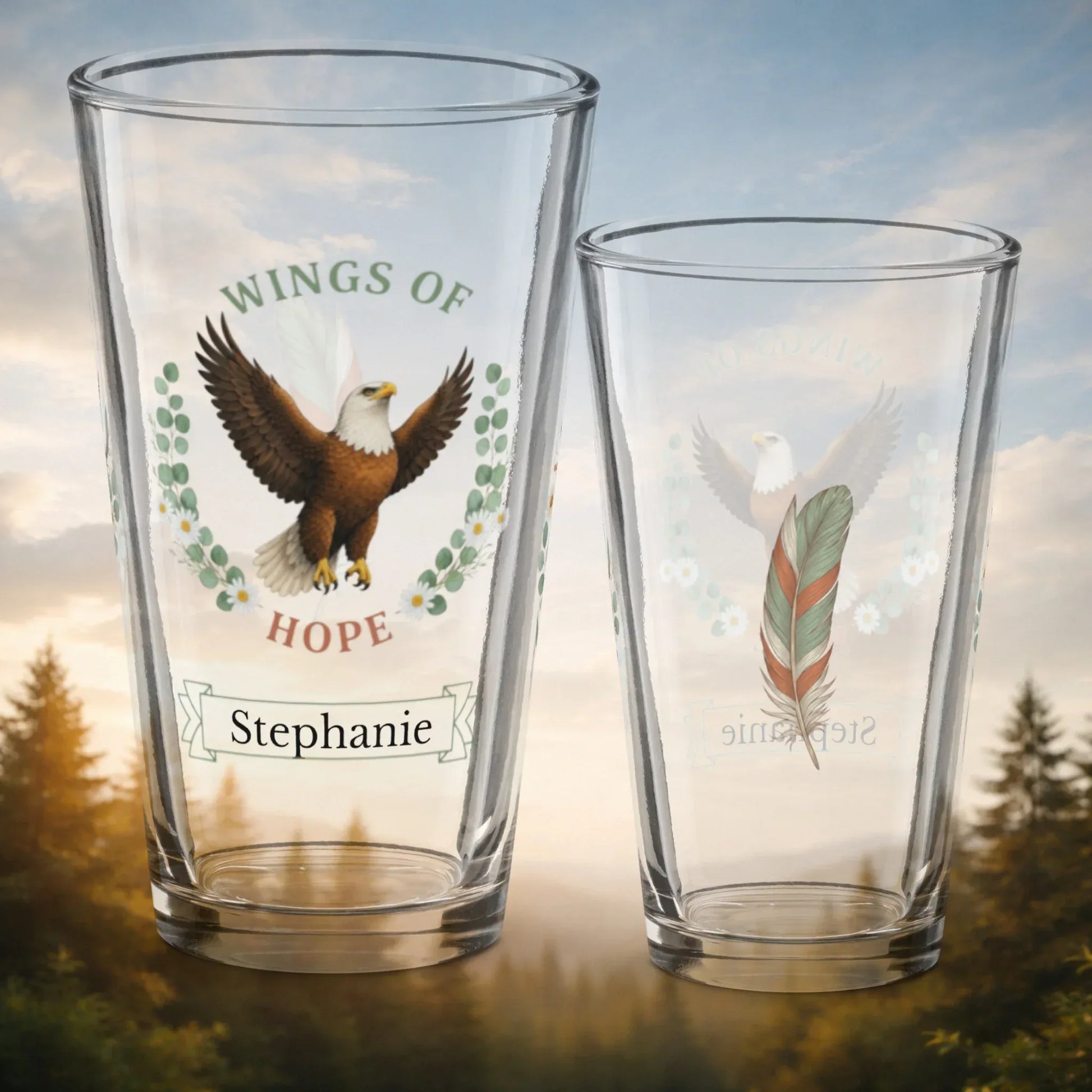 Shop our wings of hope eagle pint glass featuring the 16oz style option from MySisterIsASurvivor.