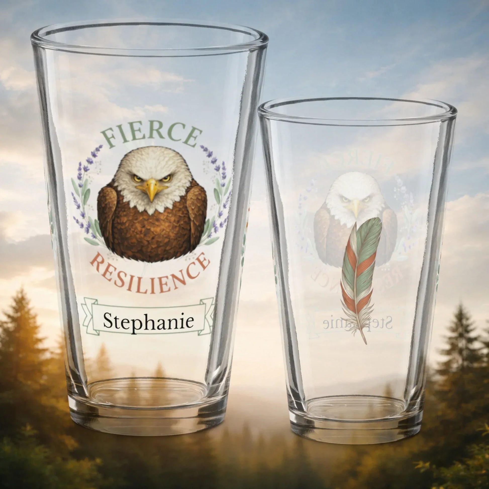 Shop our fierce resilience eagle pint glass featuring the 16oz style option from MySisterIsASurvivor.