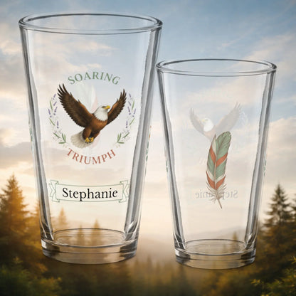 Shop our soaring triumph eagle pint glass featuring the 16oz style option from MySisterIsASurvivor.