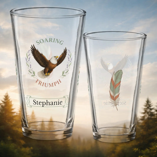 Shop our soaring triumph eagle pint glass featuring the 16oz style option from MySisterIsASurvivor.