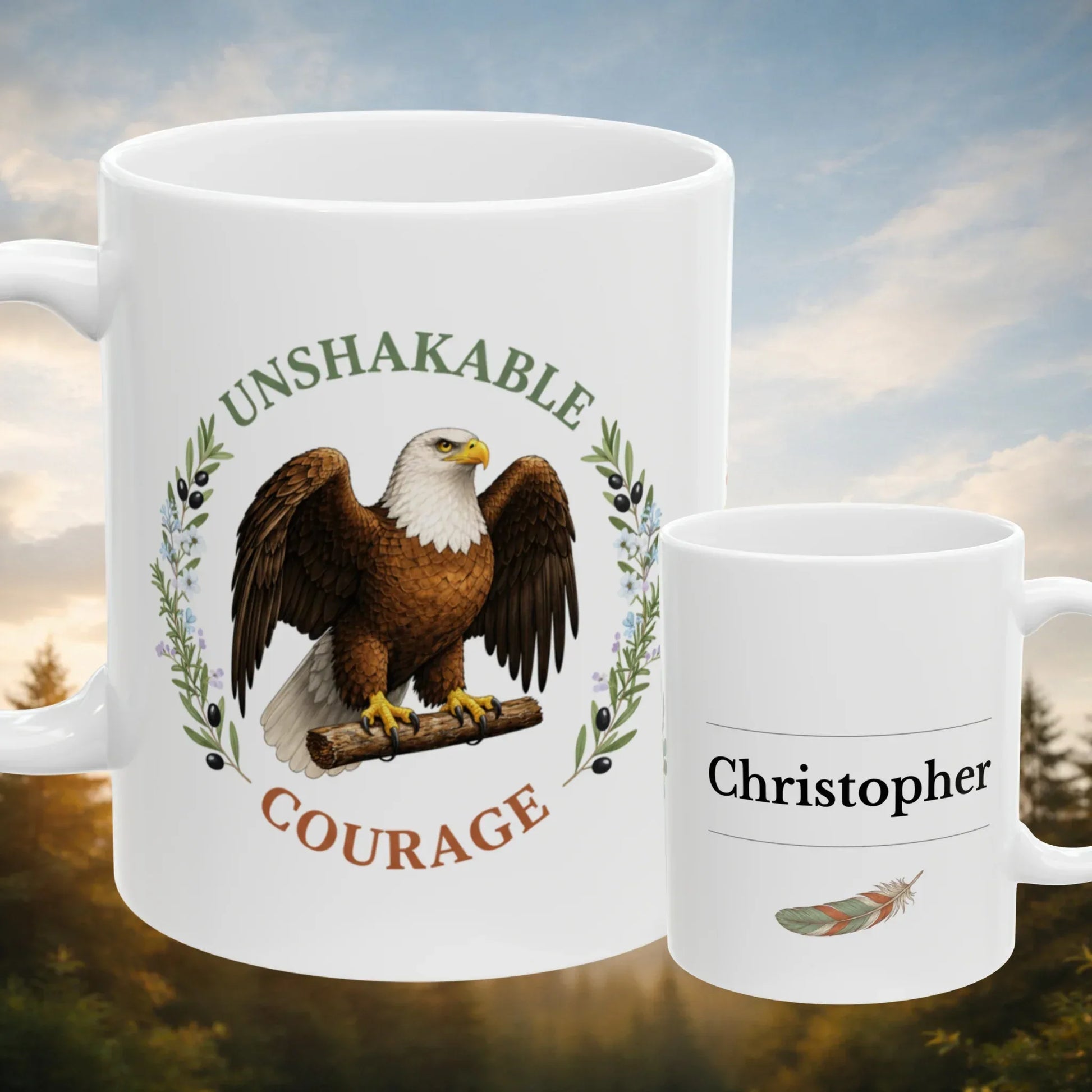 Shop our unshakable courage eagle mug featuring the 11oz style option from MySisterIsASurvivor.