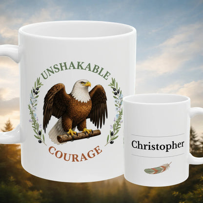 Shop our unshakable courage eagle mug featuring the 11oz style option from MySisterIsASurvivor.