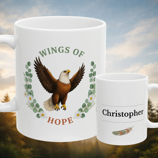 Shop our wings of hope eagle mug featuring the 11oz style option from MySisterIsASurvivor.