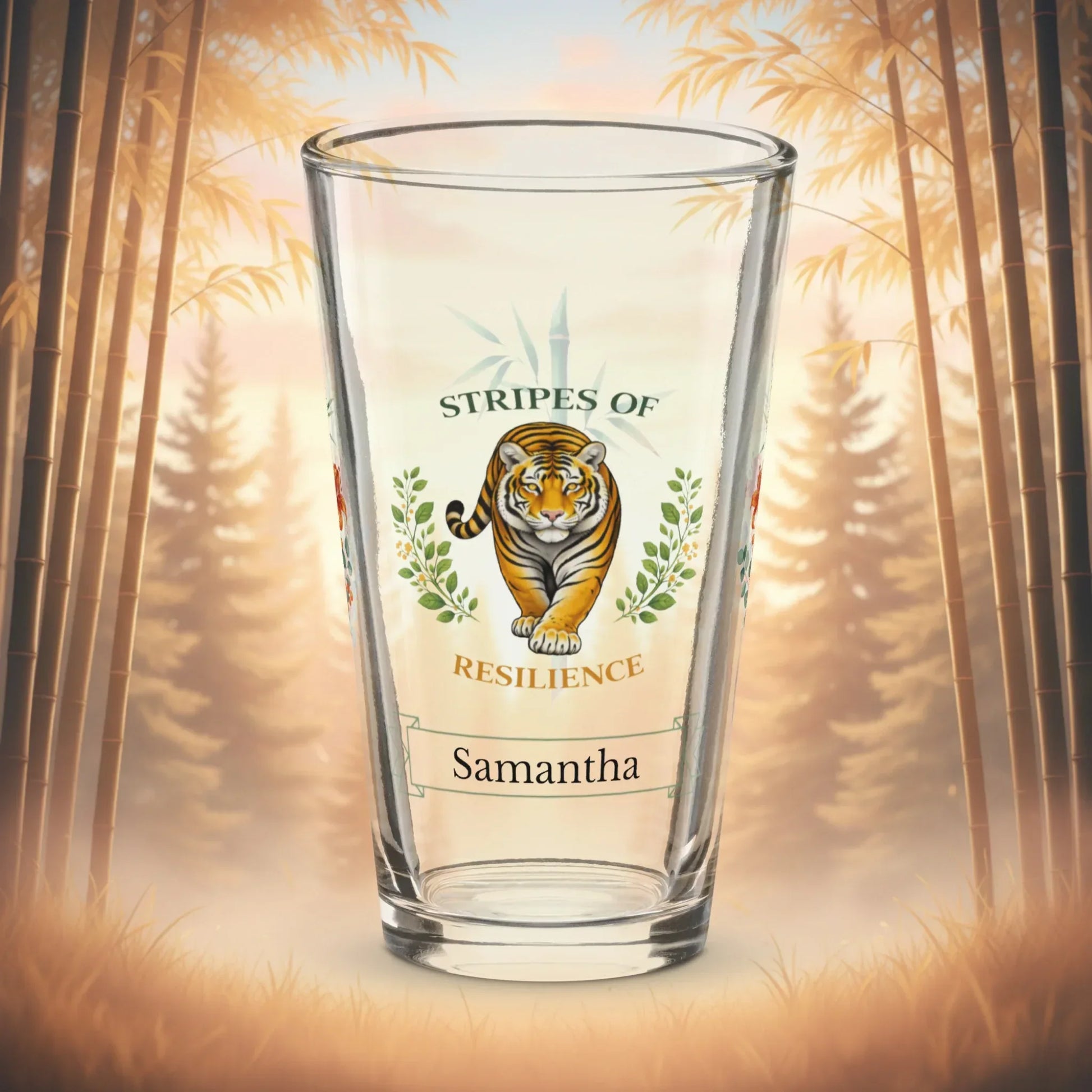 Shop our premium stripes of resilience tiger pint glass from MySisterIsASurvivor.