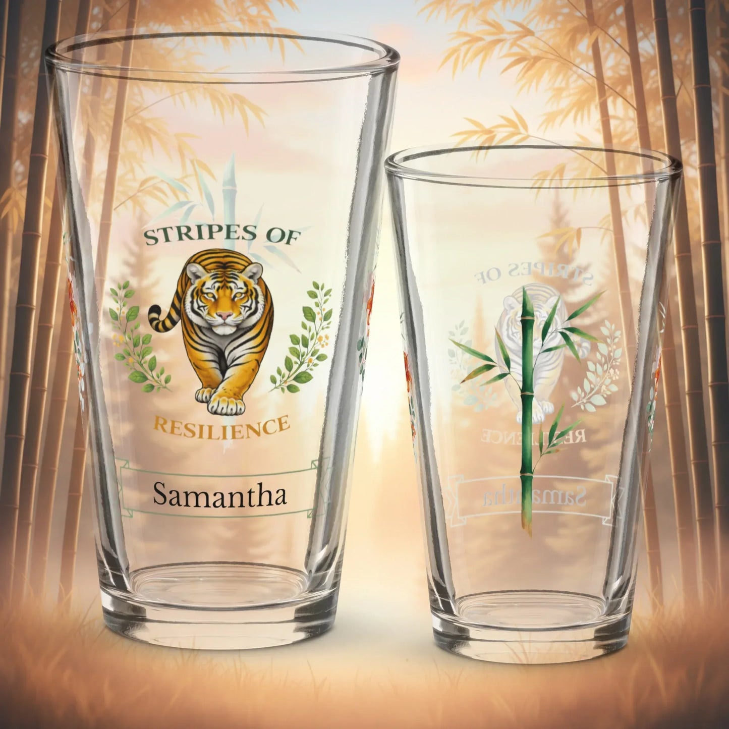 Shop our stripes of resilience tiger pint glass featuring the 16oz style option from MySisterIsASurvivor.