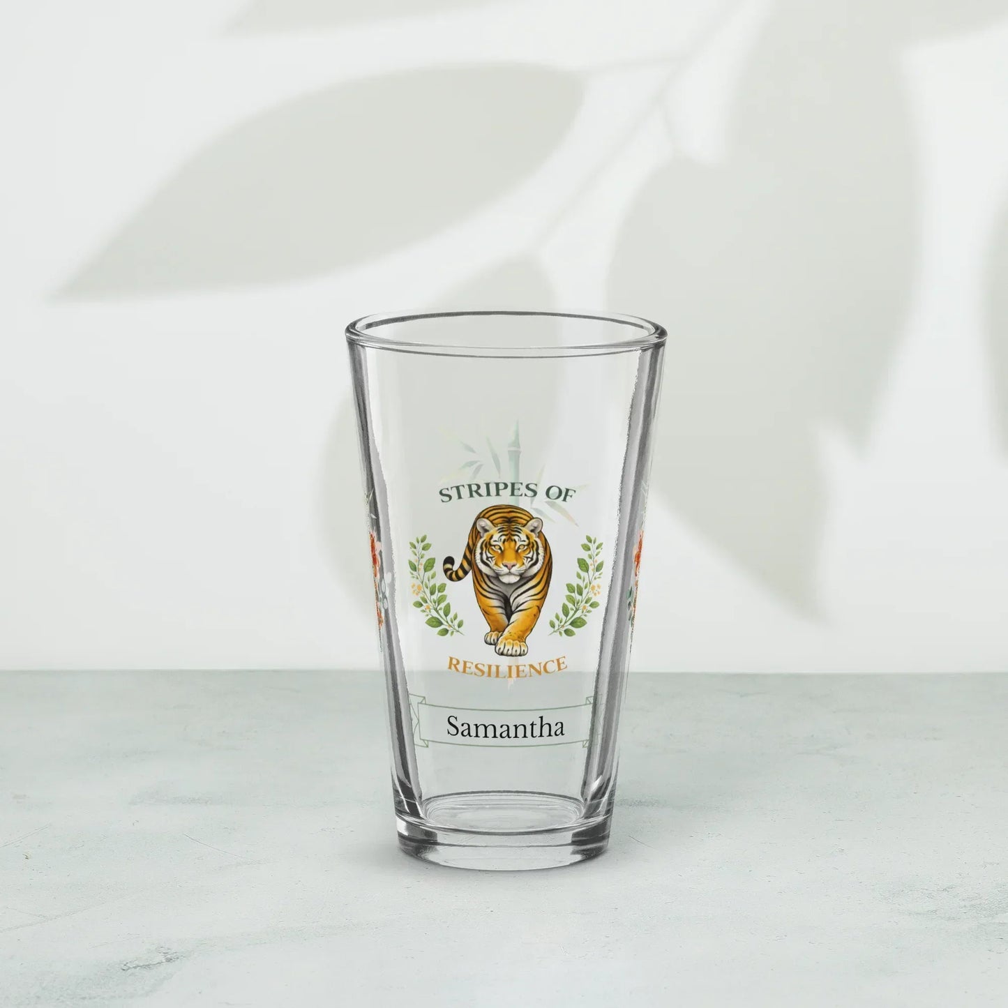 Shop our premium stripes of resilience tiger pint glass from MySisterIsASurvivor.