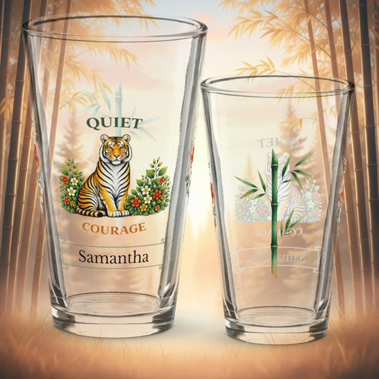 Shop our quiet courage tiger pint glass featuring the 16oz style option from MySisterIsASurvivor.