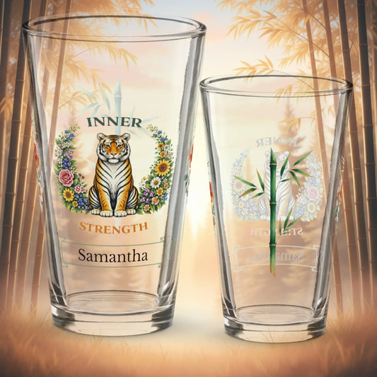 Shop our inner strength tiger pint glass featuring the 16oz style option from MySisterIsASurvivor.