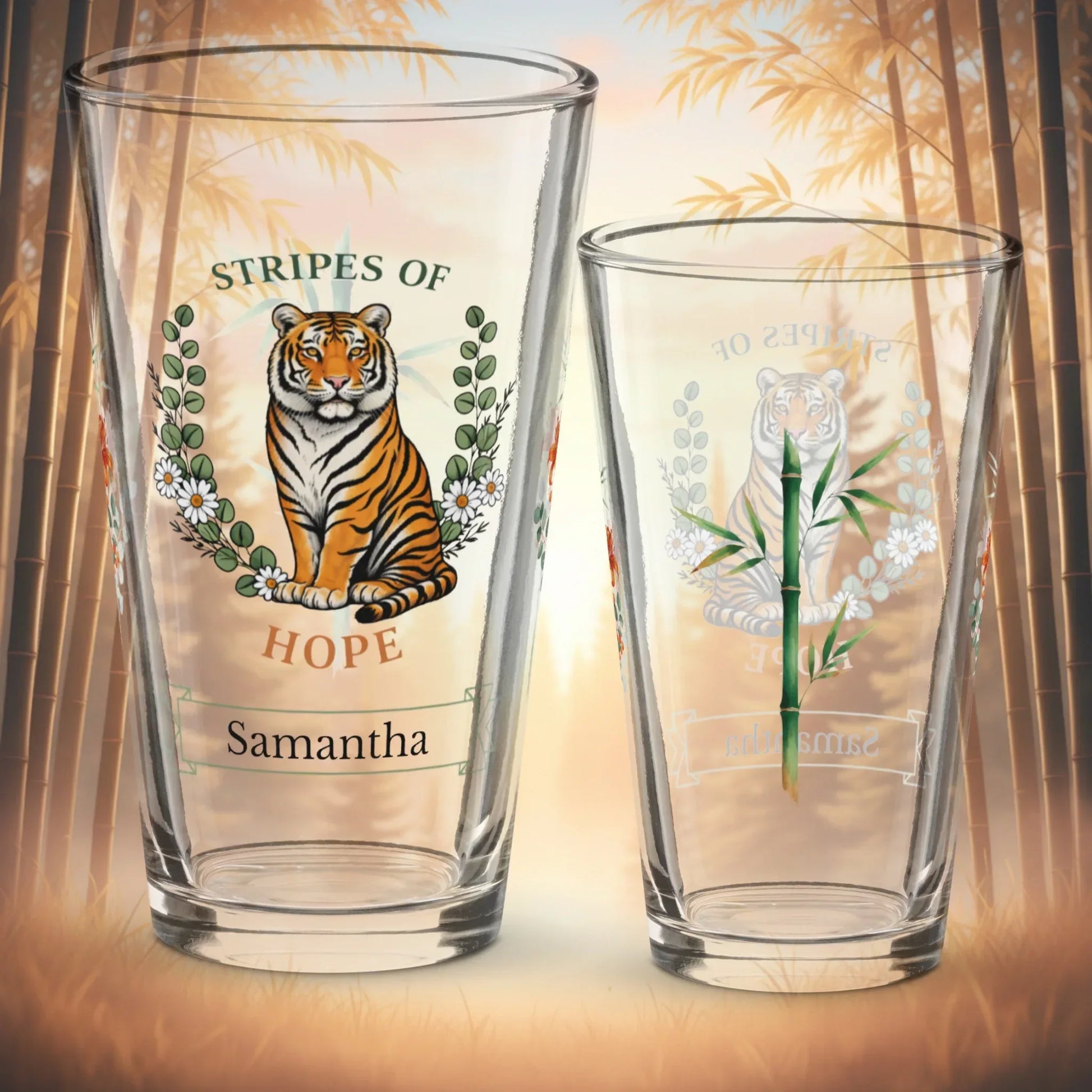 Shop our stripes of hope tiger pint glass featuring the 16oz style option from MySisterIsASurvivor.